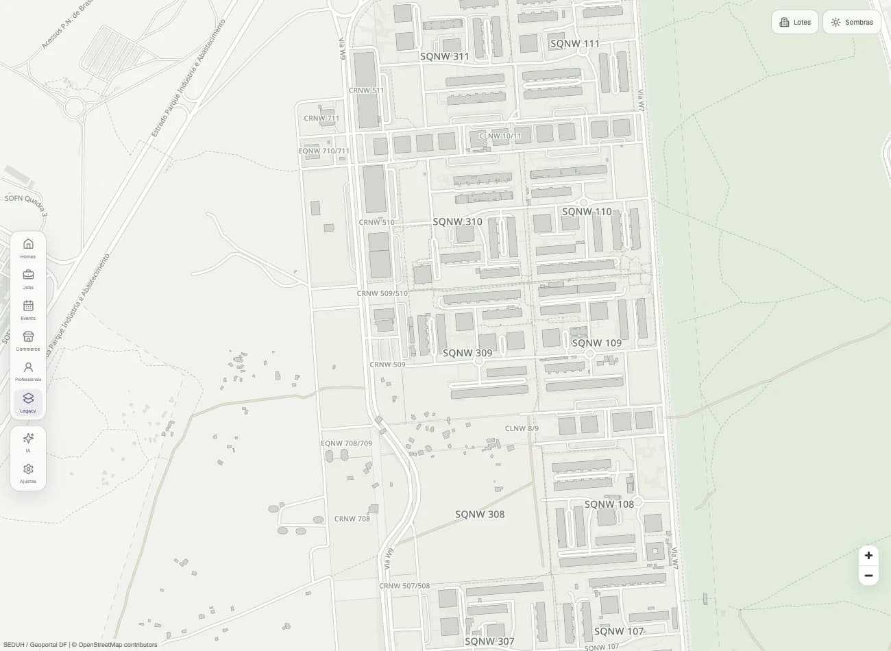 Mapa real do Atlas NW, com edifícios, ruas e endereços das quadras do Noroeste.